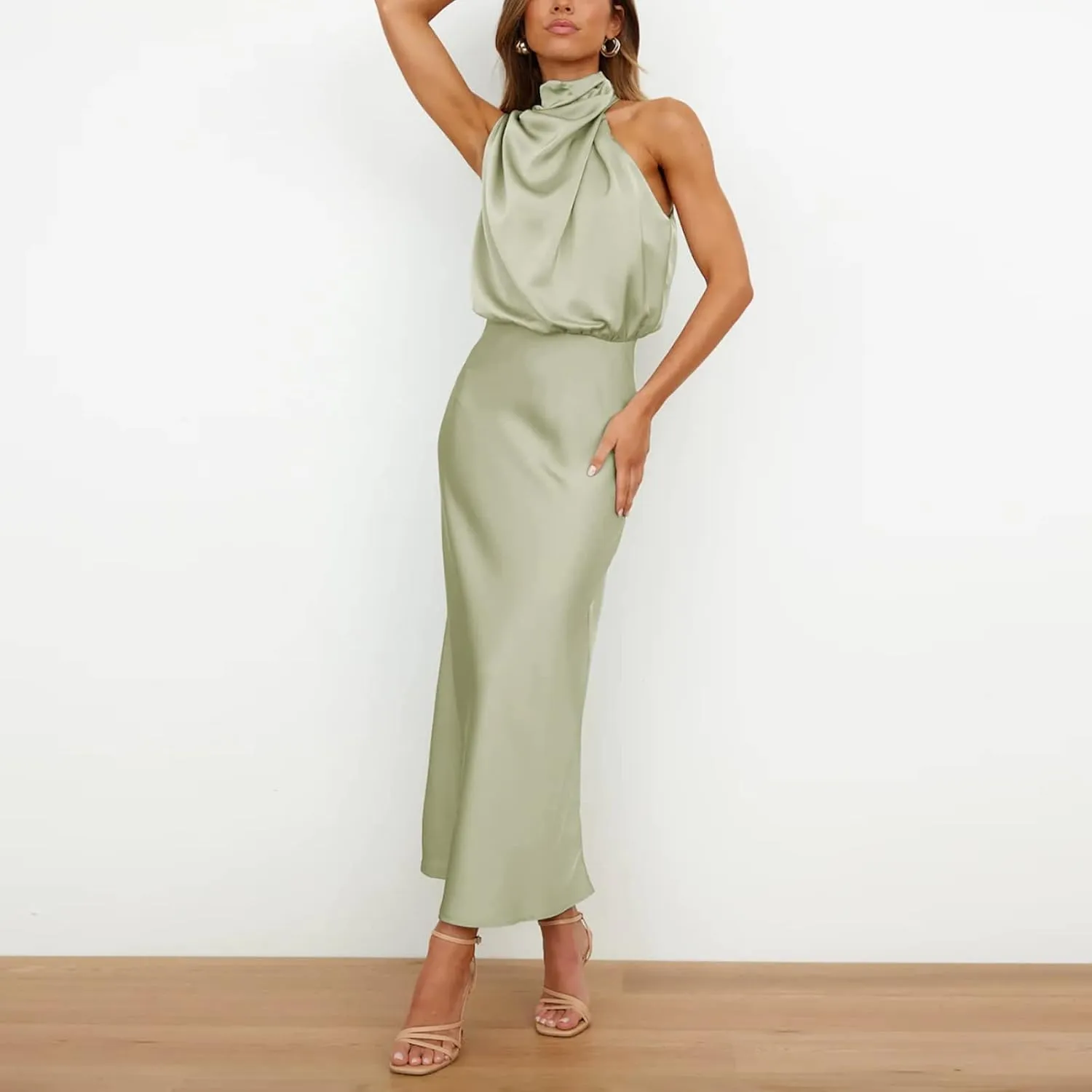 Women Sleeveless Dresses Mock Neck Cocktail Party Wedding Guest Dress Satin High Split Maxi Evening Summer Dress