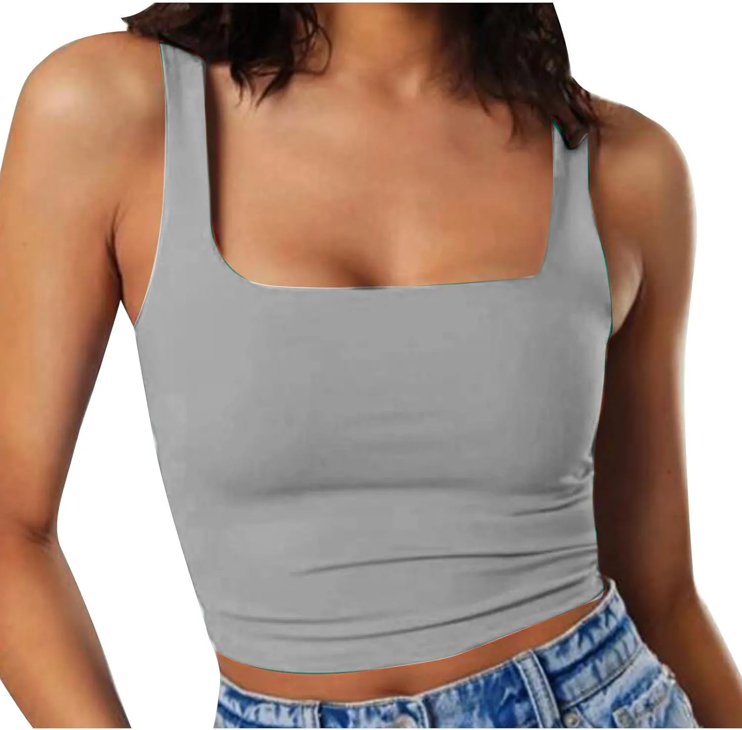 Women Square Neck Crop Tank Tops Basic Slim Fit Shirts Sleeveless Wide Strappy Workout Yoga Y2K Going Out Outfits