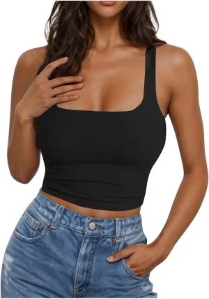 Women Square Neck Crop Tank Tops Basic Slim Fit Shirts Sleeveless Wide Strappy Workout Yoga Y2K Going Out Outfits