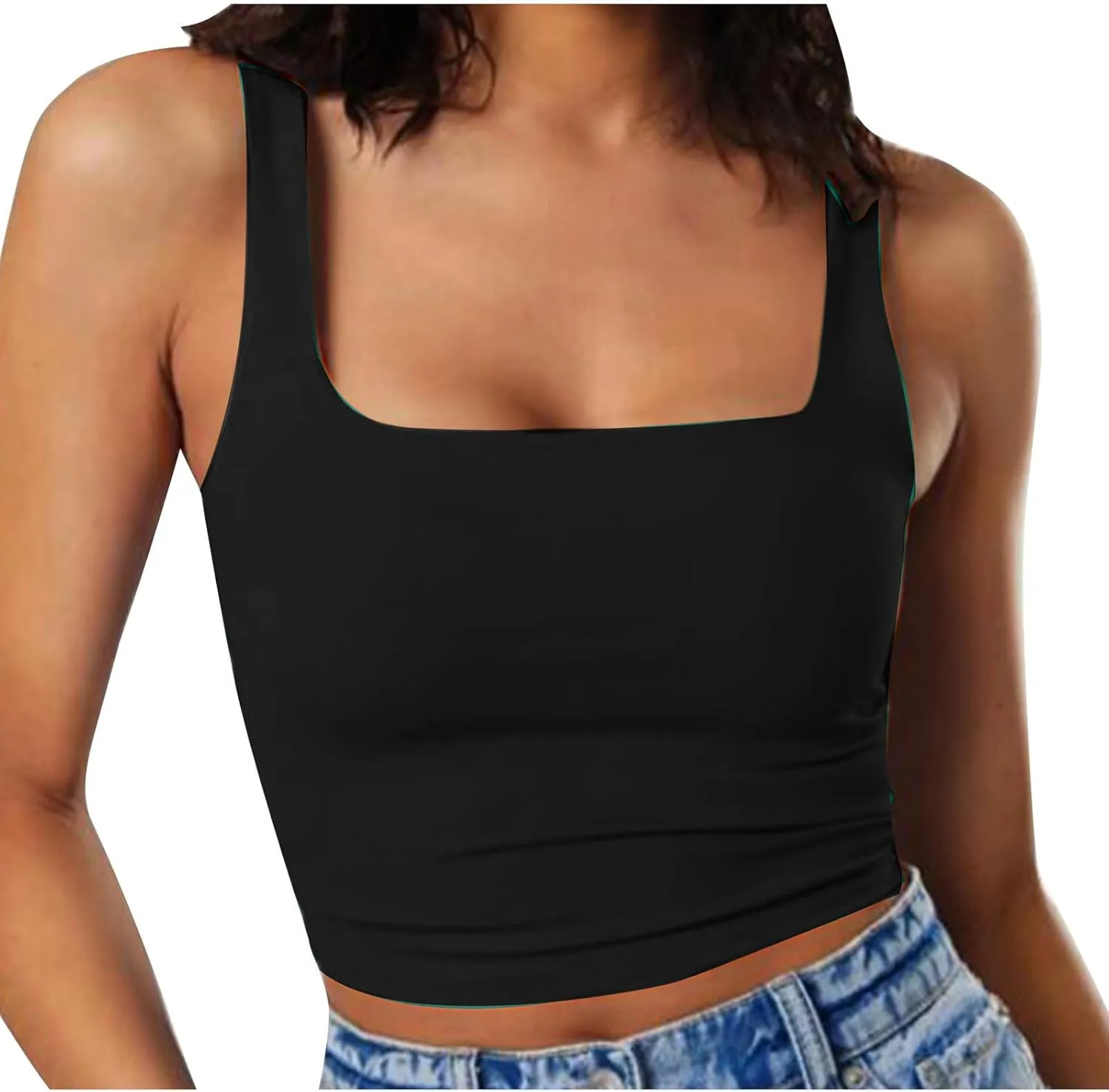 Women Square Neck Crop Tank Tops Basic Slim Fit Shirts Sleeveless Wide Strappy Workout Yoga Y2K Going Out Outfits