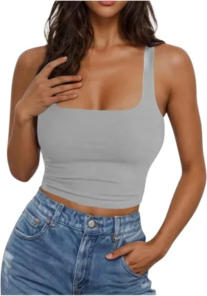 Women Square Neck Crop Tank Tops Basic Slim Fit Shirts Sleeveless Wide Strappy Workout Yoga Y2K Going Out Outfits