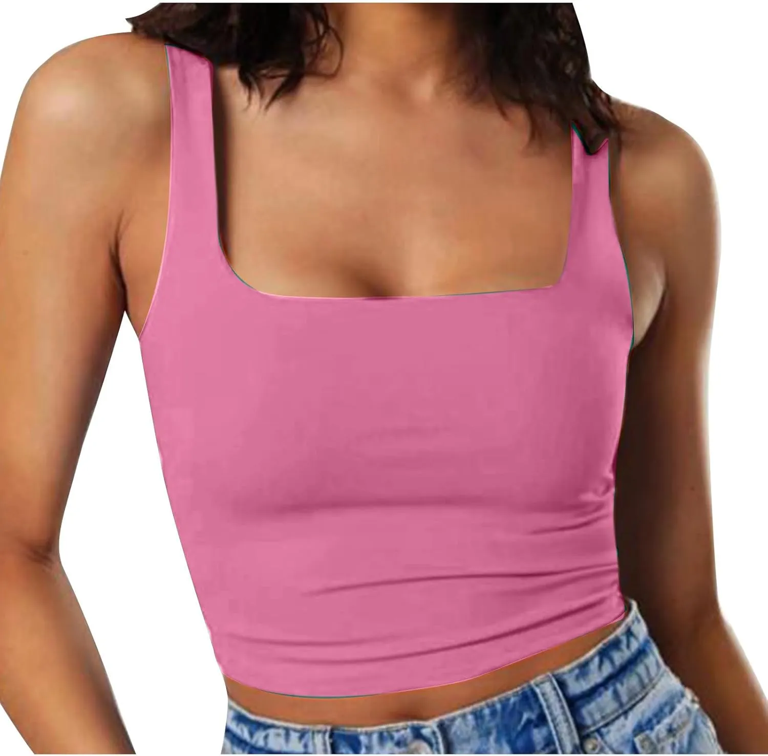 Women Square Neck Crop Tank Tops Basic Slim Fit Shirts Sleeveless Wide Strappy Workout Yoga Y2K Going Out Outfits