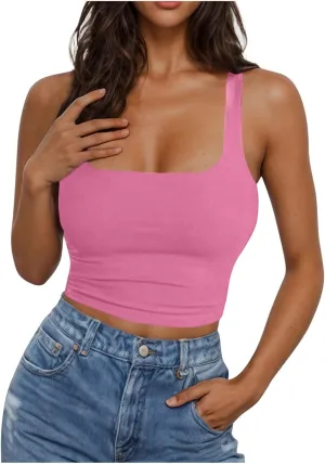 Women Square Neck Crop Tank Tops Basic Slim Fit Shirts Sleeveless Wide Strappy Workout Yoga Y2K Going Out Outfits
