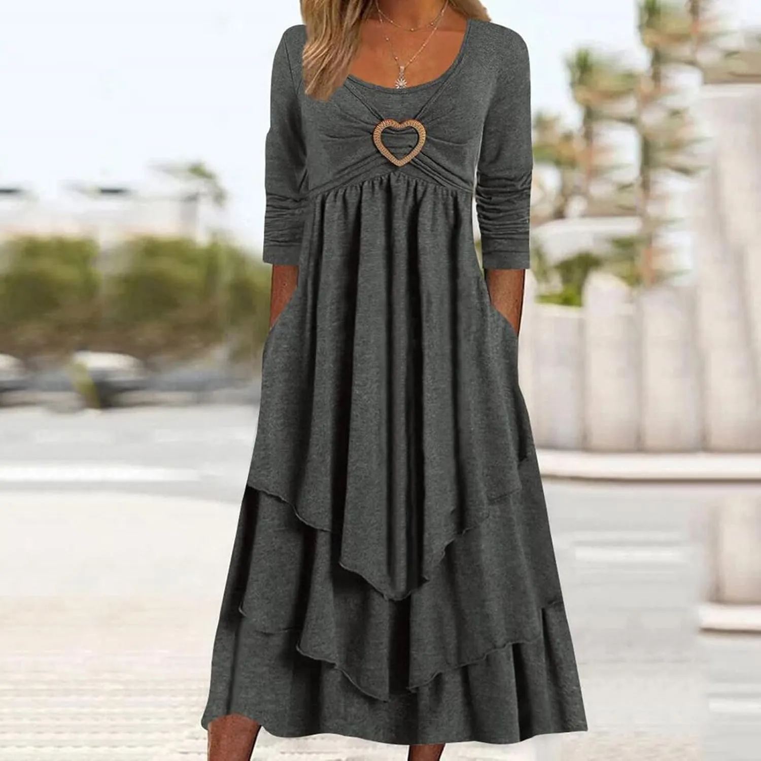 Women Summer Short Sleeve Midi Dress with Pockets Casual Aline Flowy Tshirt Dress Floral Vocation Beach Sundress