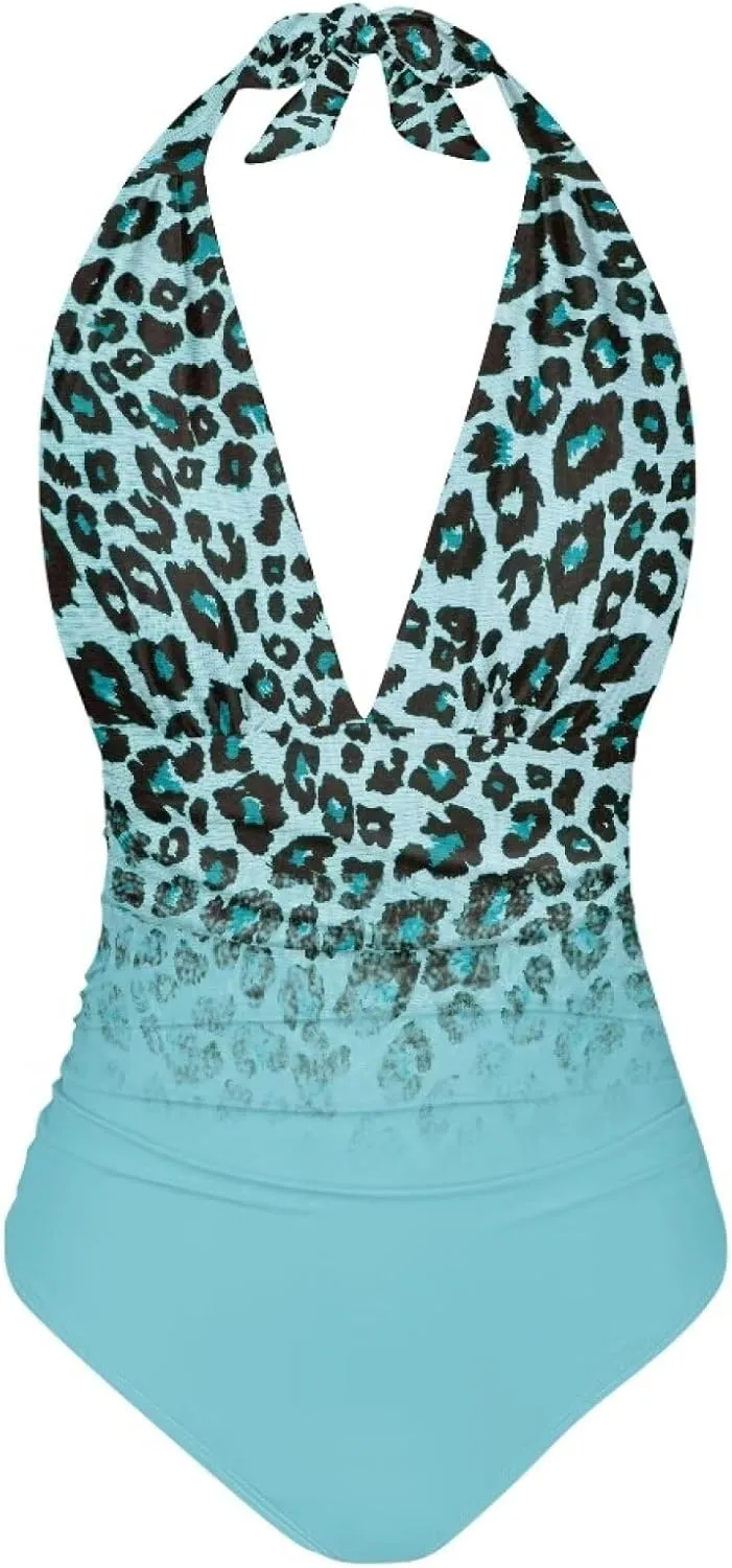 Women Tummy Control Bathing Suits Halter One Piece Swimsuits Push Up Bathingsuits Padded Swim Suits Leopard Print