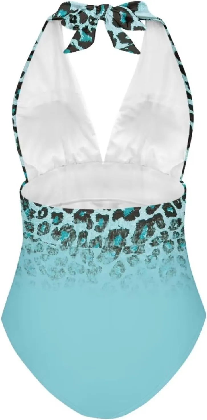 Women Tummy Control Bathing Suits Halter One Piece Swimsuits Push Up Bathingsuits Padded Swim Suits Leopard Print