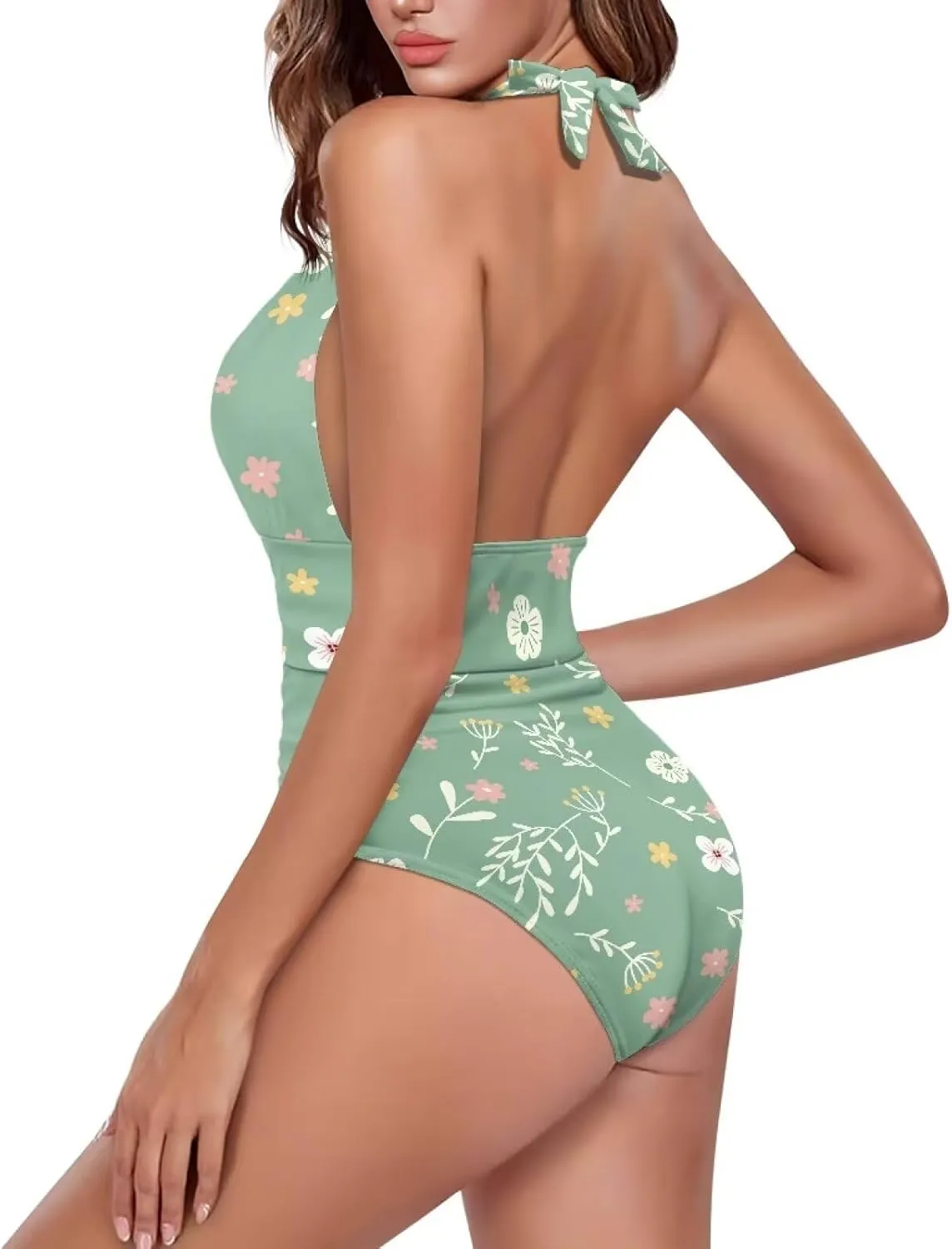 Women Tummy Control Bathing Suits Halter One Piece Swimsuits Push Up Bathingsuits Padded Swim Suits Leopard Print