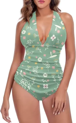 Women Tummy Control Bathing Suits Halter One Piece Swimsuits Push Up Bathingsuits Padded Swim Suits Leopard Print