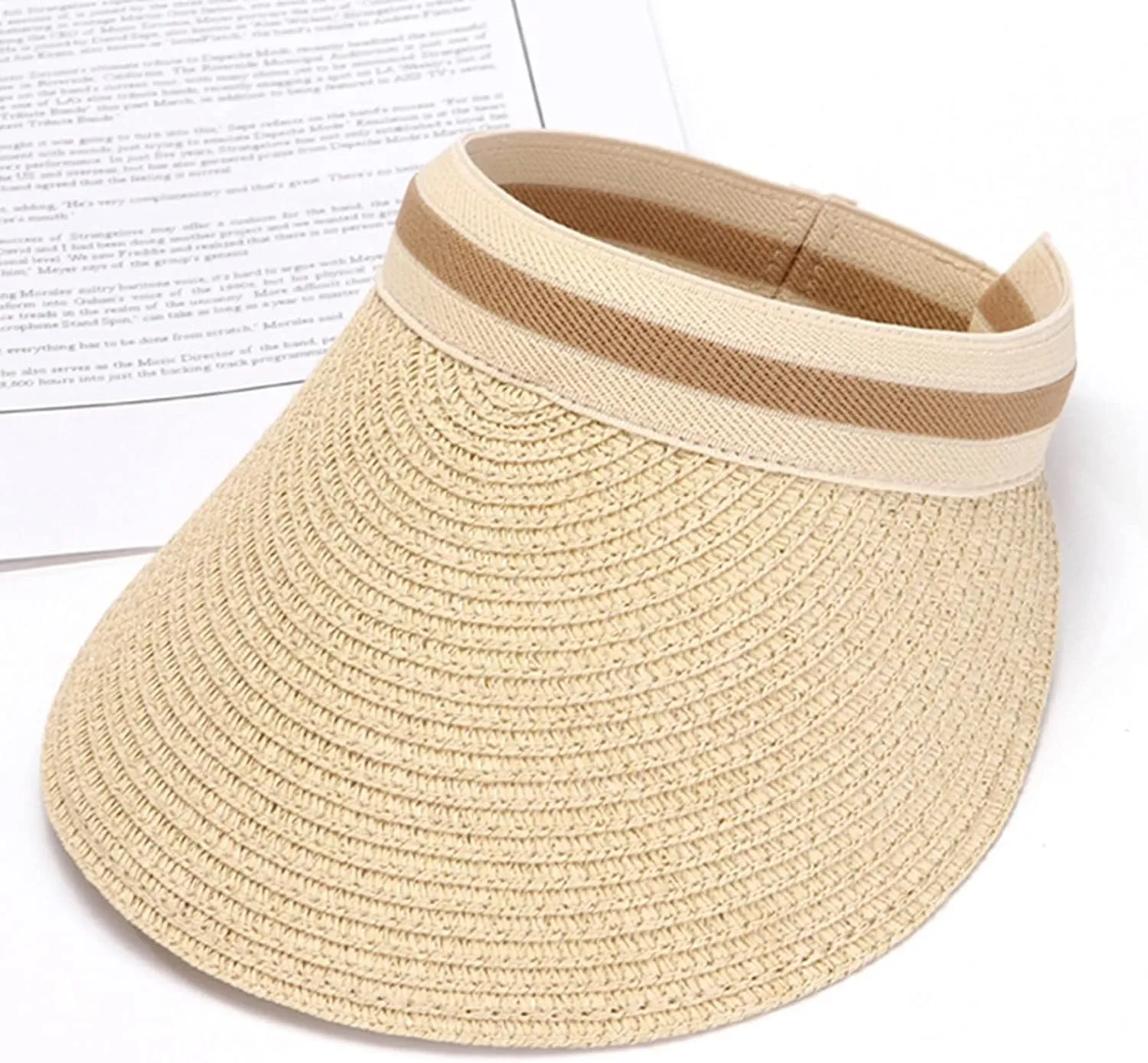 Women Wide Brim Straw Sun Hat Empty Top Messy High Bun Ponytail Visor Hat Tennis Running Beach Hat