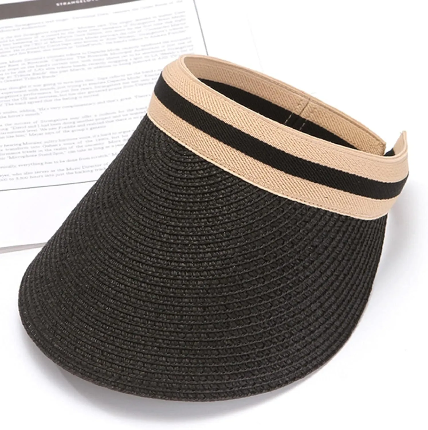 Women Wide Brim Straw Sun Hat Empty Top Messy High Bun Ponytail Visor Hat Tennis Running Beach Hat