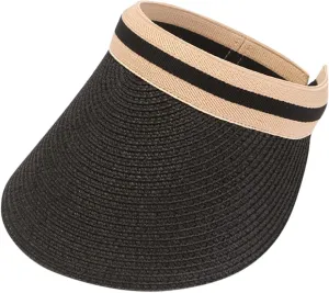 Women Wide Brim Straw Sun Hat Empty Top Messy High Bun Ponytail Visor Hat Tennis Running Beach Hat
