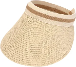 Women Wide Brim Straw Sun Hat Empty Top Messy High Bun Ponytail Visor Hat Tennis Running Beach Hat