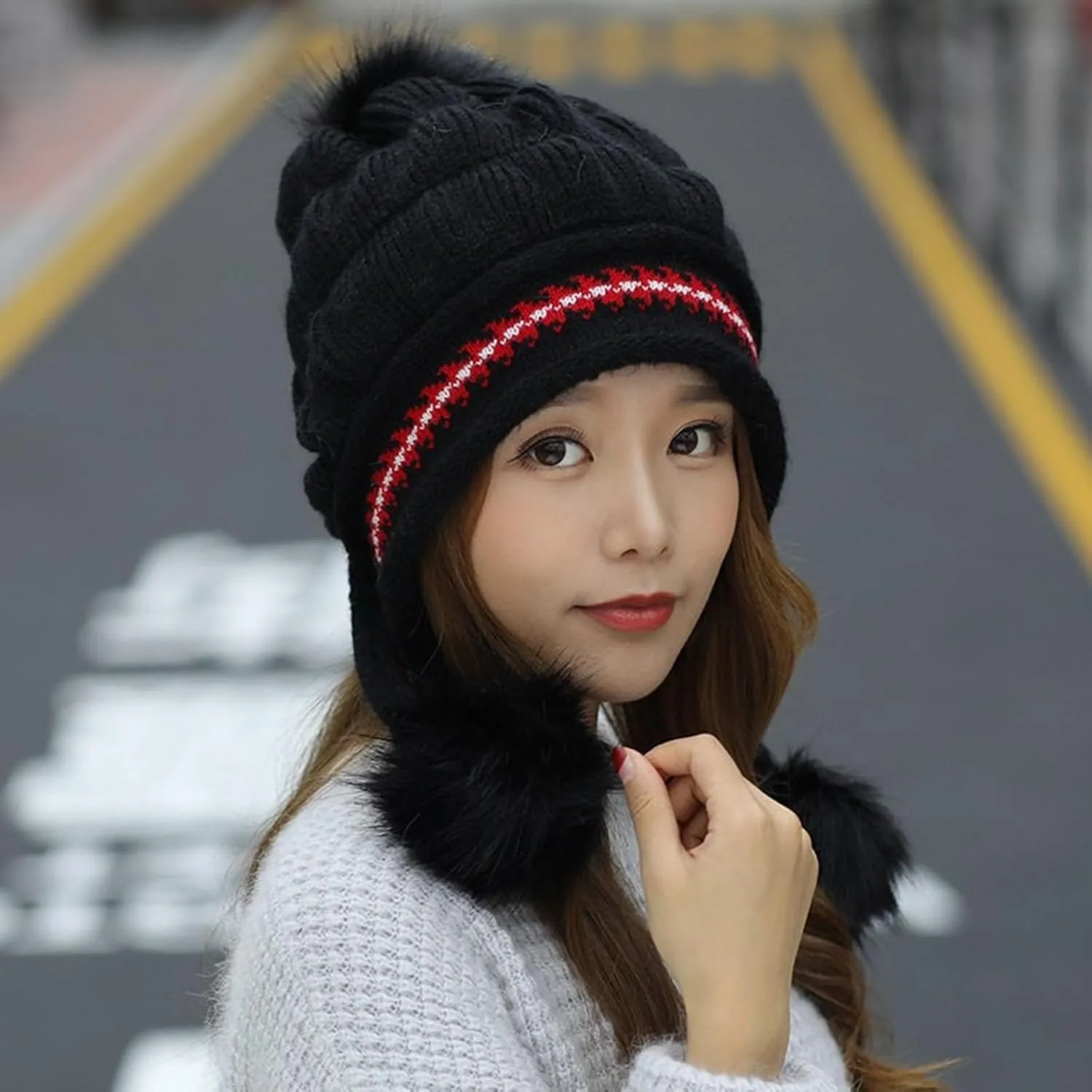 Women Winter Beanie Hat with Pompoms Ski Snow Ear Flaps Sherpa Knit Thick Warm Soft Hats Windproof for Cold Weather