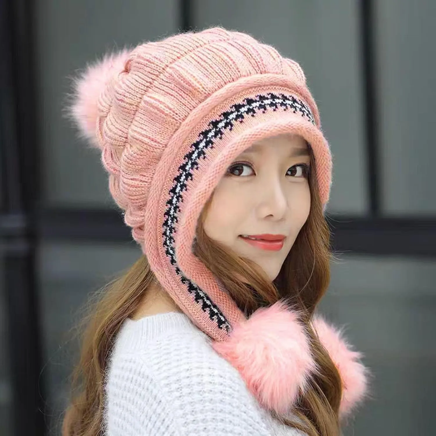 Women Winter Beanie Hat with Pompoms Ski Snow Ear Flaps Sherpa Knit Thick Warm Soft Hats Windproof for Cold Weather