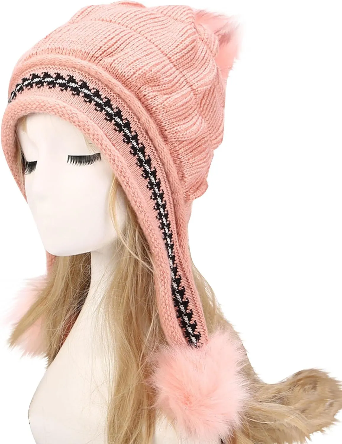 Women Winter Beanie Hat with Pompoms Ski Snow Ear Flaps Sherpa Knit Thick Warm Soft Hats Windproof for Cold Weather