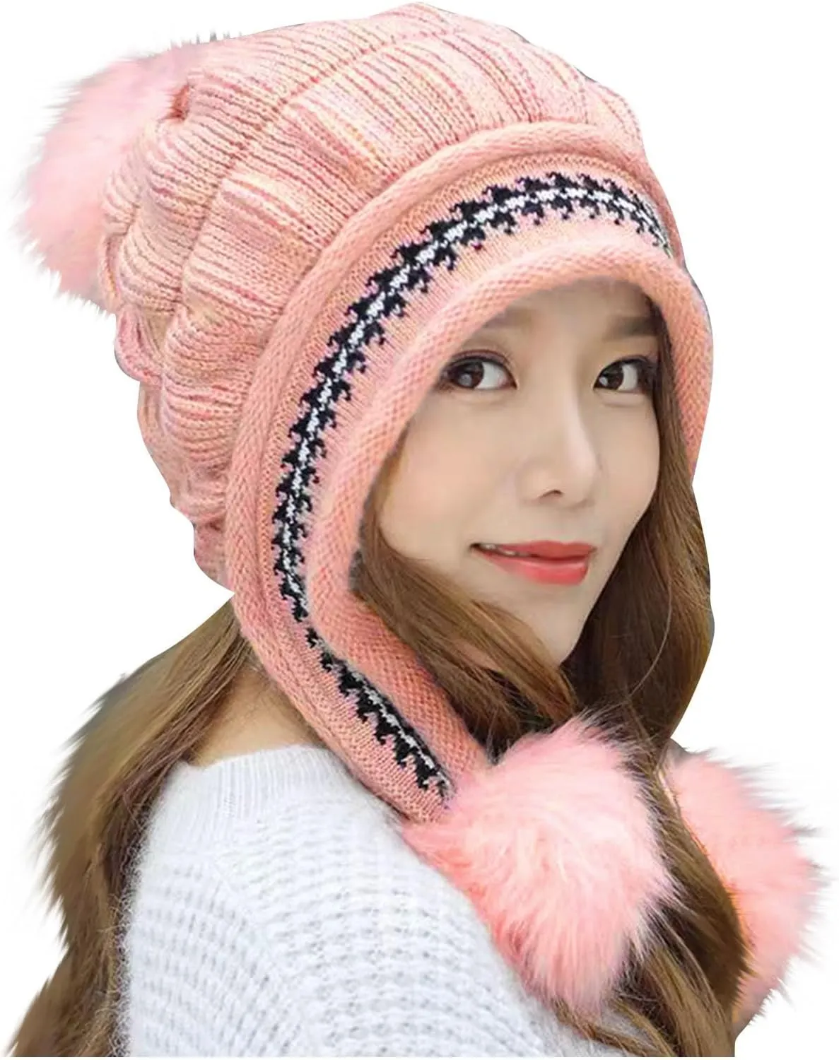 Women Winter Beanie Hat with Pompoms Ski Snow Ear Flaps Sherpa Knit Thick Warm Soft Hats Windproof for Cold Weather