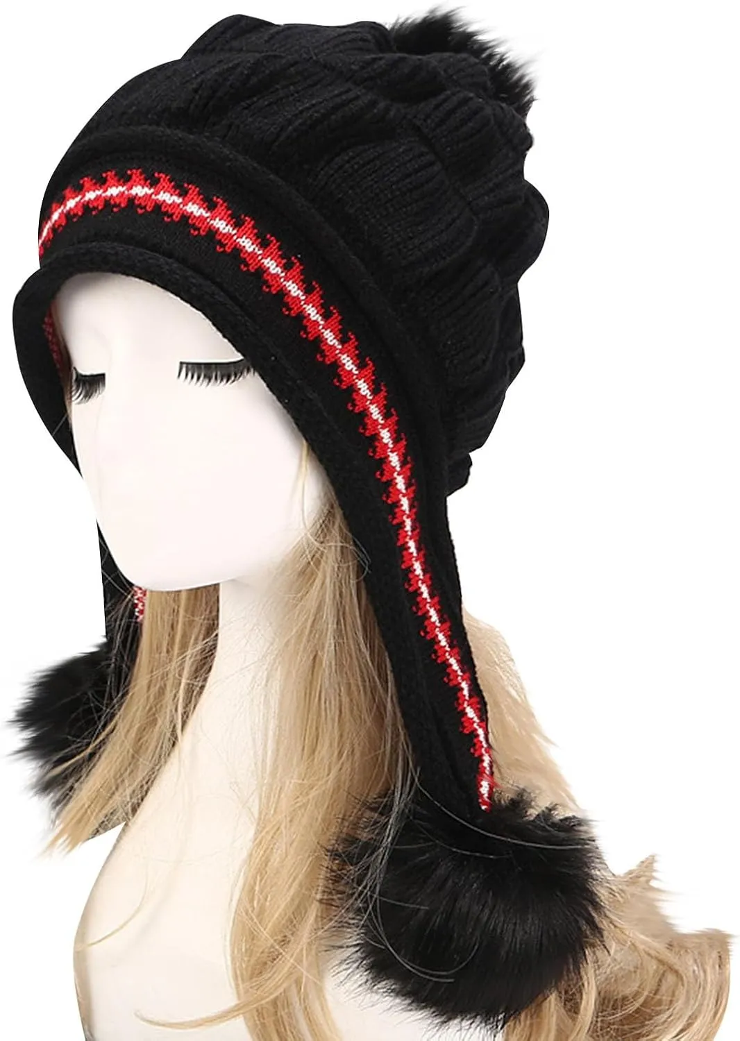 Women Winter Beanie Hat with Pompoms Ski Snow Ear Flaps Sherpa Knit Thick Warm Soft Hats Windproof for Cold Weather