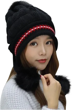 Women Winter Beanie Hat with Pompoms Ski Snow Ear Flaps Sherpa Knit Thick Warm Soft Hats Windproof for Cold Weather