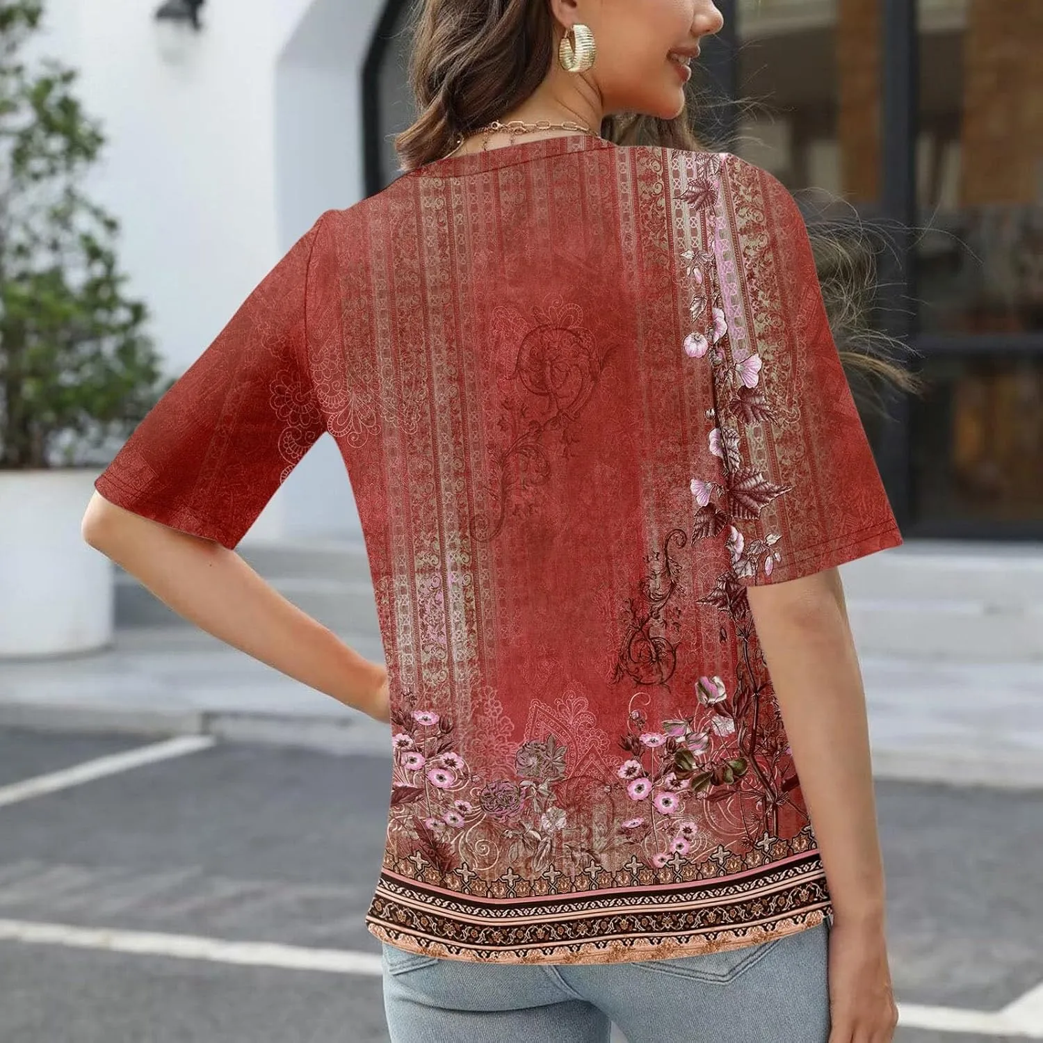 Womens 2024 Summer Half Sleeve Tops Casual V Neck Summer Shirts Loose Fit Elbow Length Sleeve Blouses
