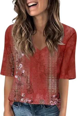 Womens 2024 Summer Half Sleeve Tops Casual V Neck Summer Shirts Loose Fit Elbow Length Sleeve Blouses