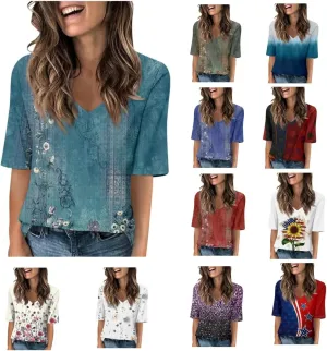 Womens 2024 Summer Half Sleeve Tops Casual V Neck Summer Shirts Loose Fit Elbow Length Sleeve Blouses