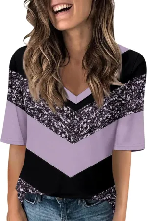 Womens 2024 Summer Half Sleeve Tops Casual V Neck Summer Shirts Loose Fit Elbow Length Sleeve Blouses