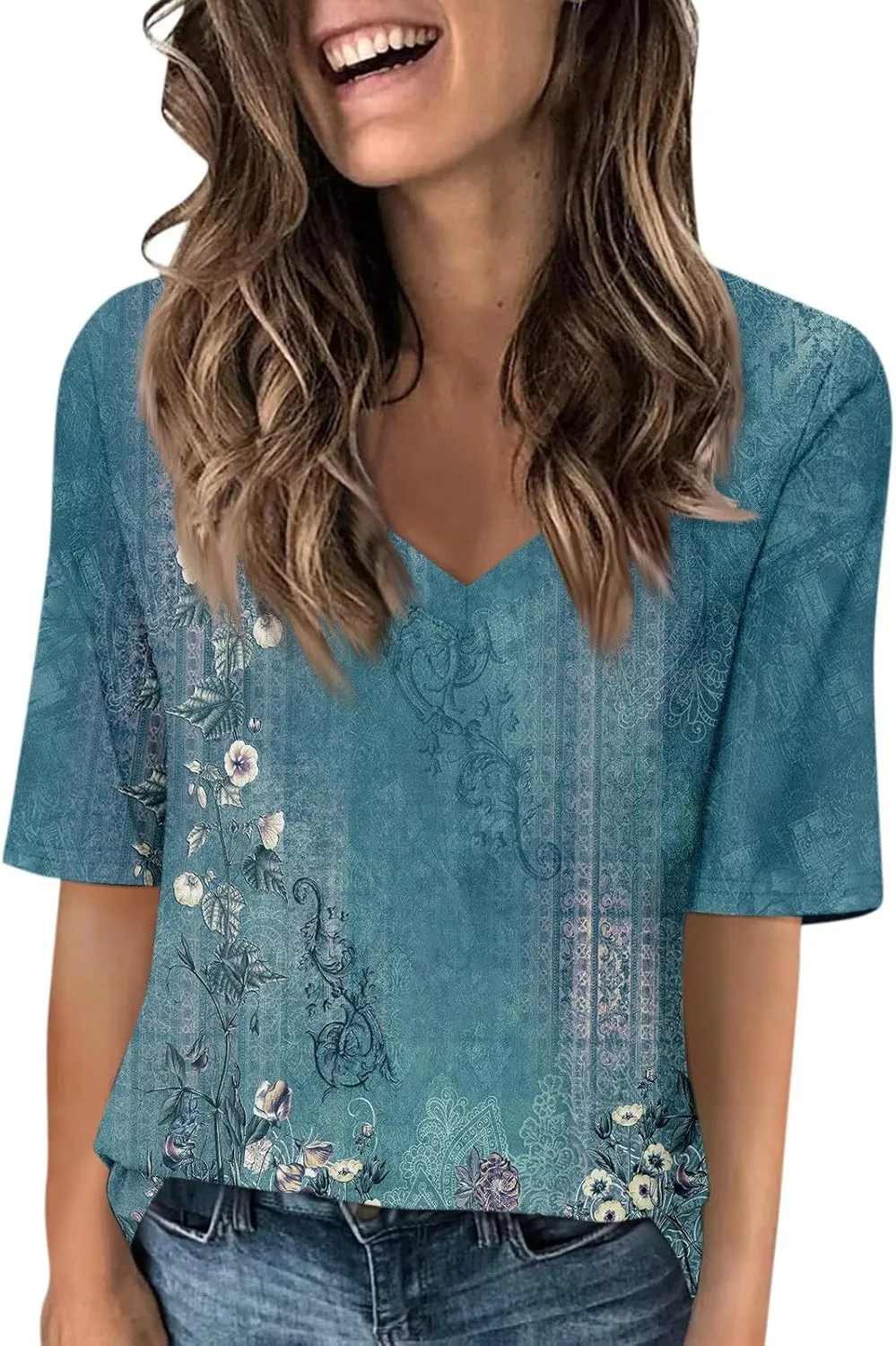 Womens 2024 Summer Half Sleeve Tops Casual V Neck Summer Shirts Loose Fit Elbow Length Sleeve Blouses