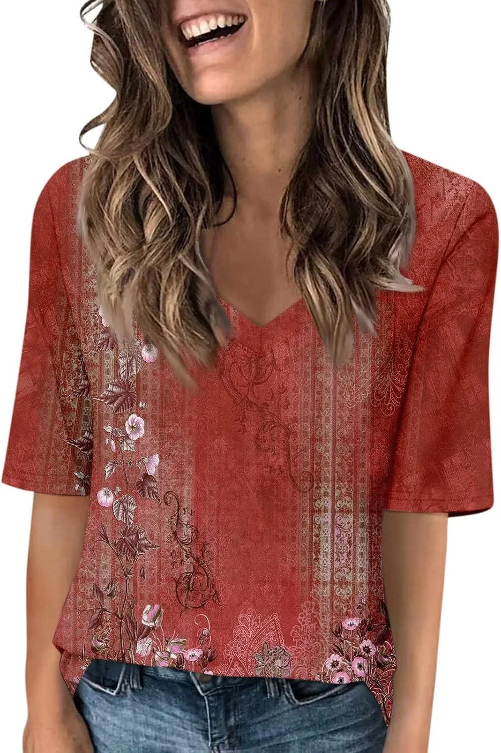 Womens 2024 Summer Half Sleeve Tops Casual V Neck Summer Shirts Loose Fit Elbow Length Sleeve Blouses