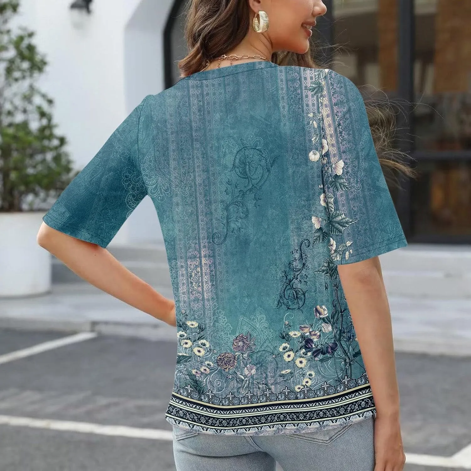 Womens 2024 Summer Half Sleeve Tops Casual V Neck Summer Shirts Loose Fit Elbow Length Sleeve Blouses