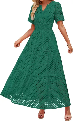 Women's 2025 Summer V Neck Hollow Out Casual Eyelet Ruffle Swing A Line Dress Short Sleeve Boho Long Maxi Dresses