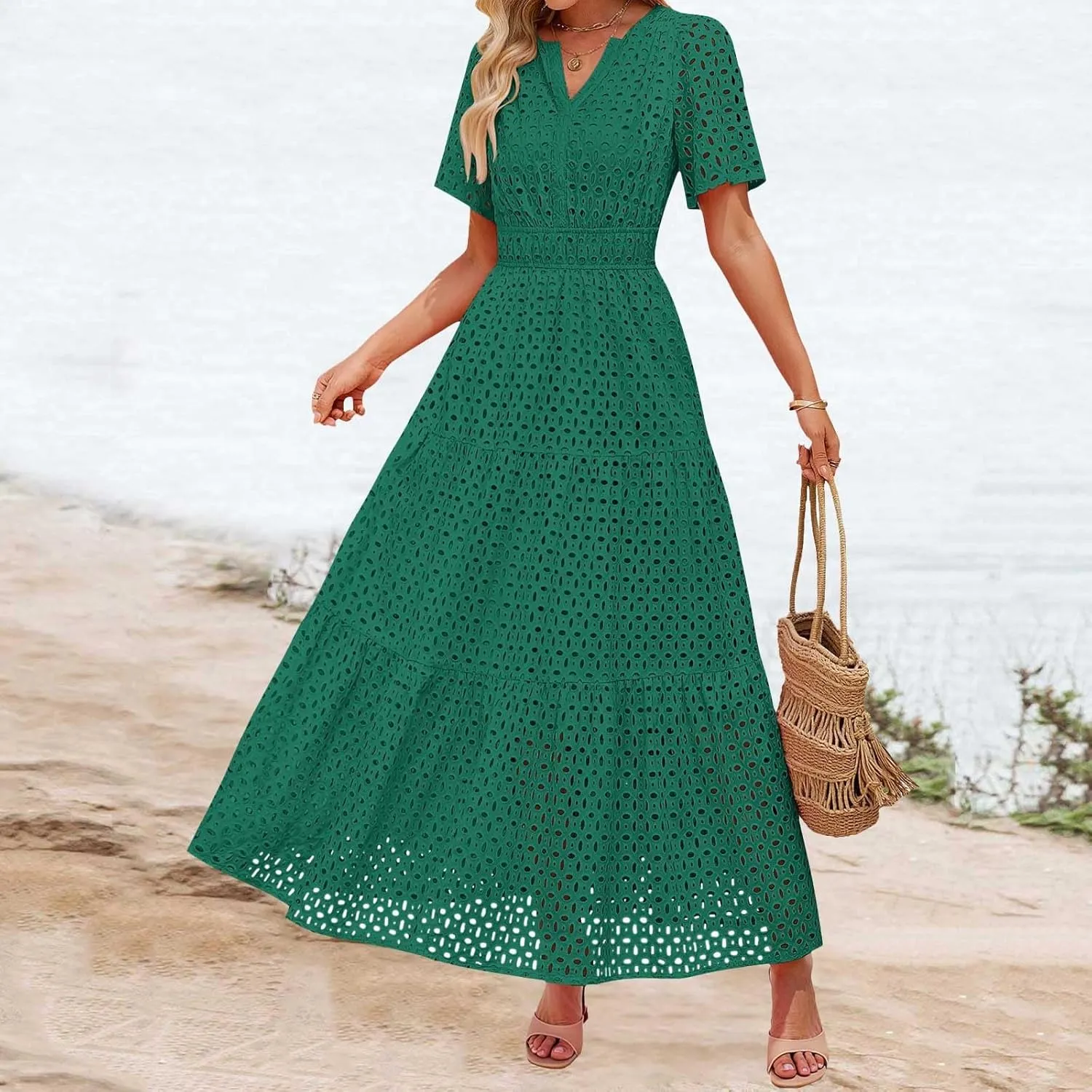 Women's 2025 Summer V Neck Hollow Out Casual Eyelet Ruffle Swing A Line Dress Short Sleeve Boho Long Maxi Dresses
