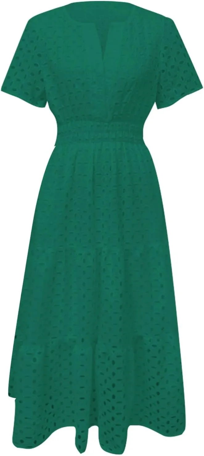 Women's 2025 Summer V Neck Hollow Out Casual Eyelet Ruffle Swing A Line Dress Short Sleeve Boho Long Maxi Dresses