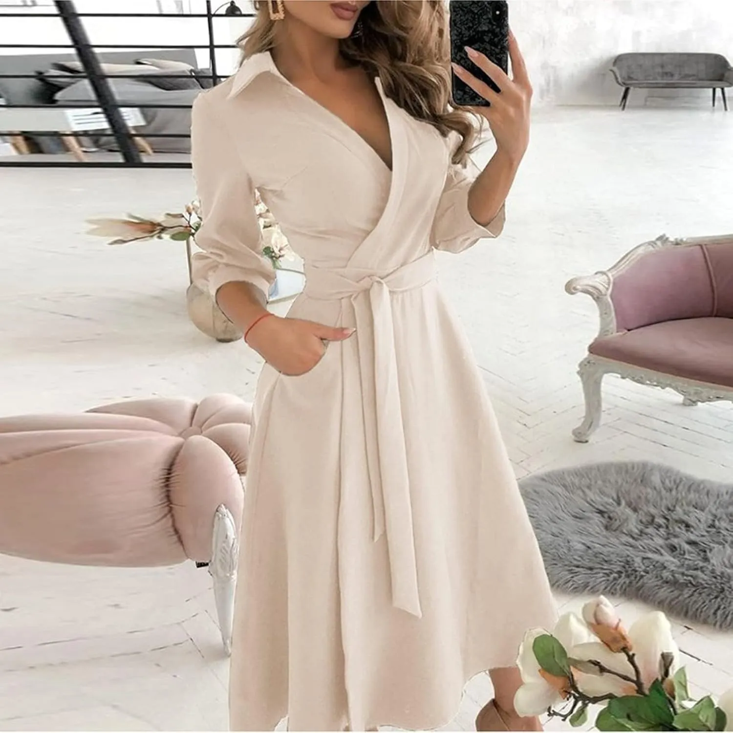 Women's 3/4 Sleeve Spring Summer Dress Wide Collar V Neck Faux Wrap Aline Casual Short Sleeve Work Dresses