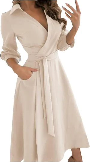 Women's 3/4 Sleeve Spring Summer Dress Wide Collar V Neck Faux Wrap Aline Casual Short Sleeve Work Dresses