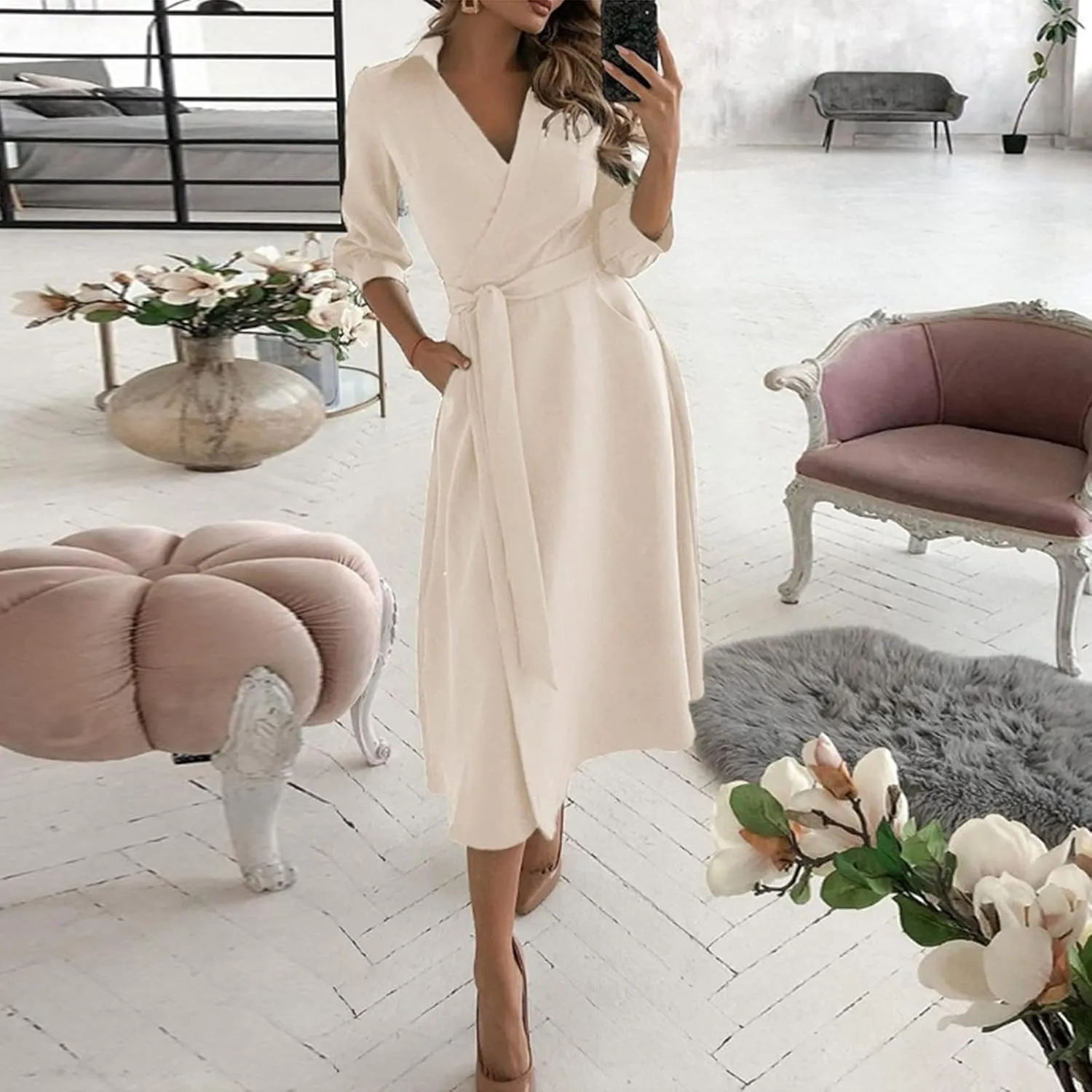 Women's 3/4 Sleeve Spring Summer Dress Wide Collar V Neck Faux Wrap Aline Casual Short Sleeve Work Dresses