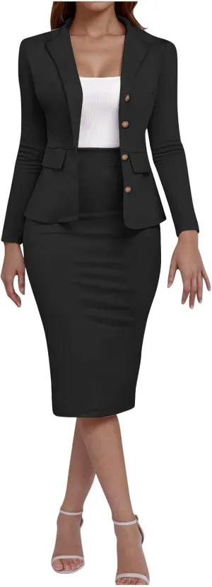 Women's Business Suit 2 Piece Long Sleeve Plus Size Skirt Suit Set Lady Blazer Office Work Slim Fit Jacket Outfit
