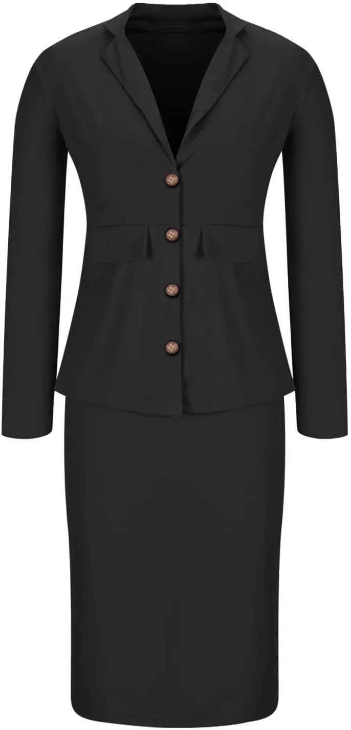 Women's Business Suit 2 Piece Long Sleeve Plus Size Skirt Suit Set Lady Blazer Office Work Slim Fit Jacket Outfit