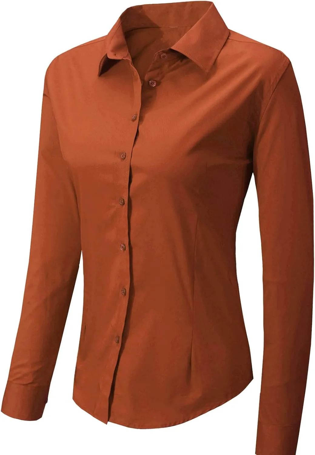 Womens Button Up Shirts Slim-Fit Long Sleeve Stretch Cotton Basic Work Shirt
