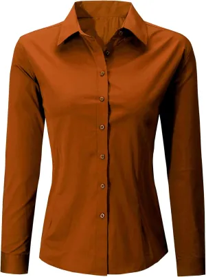 Womens Button Up Shirts Slim-Fit Long Sleeve Stretch Cotton Basic Work Shirt