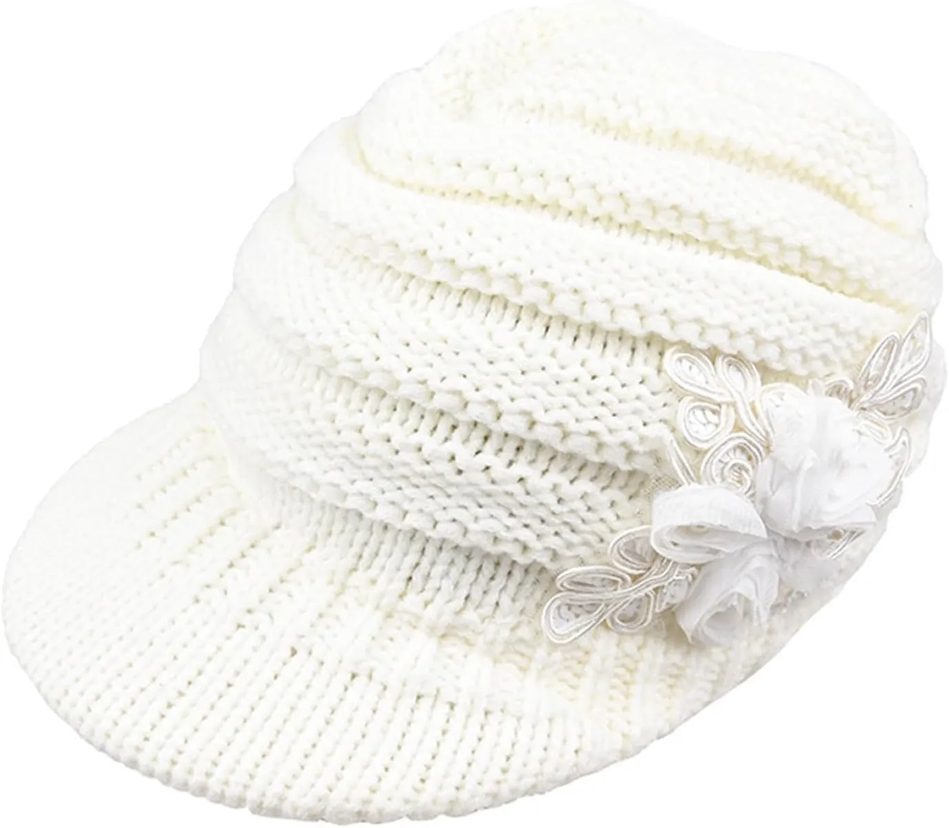 Womens Cable Knit Hats Winter Warm Knitted Slouchy Brim Beanie Cap with Sequined Flower Crochet Soft Newsboy Caps