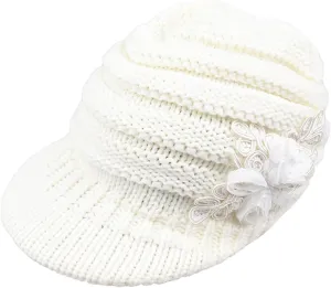 Womens Cable Knit Hats Winter Warm Knitted Slouchy Brim Beanie Cap with Sequined Flower Crochet Soft Newsboy Caps