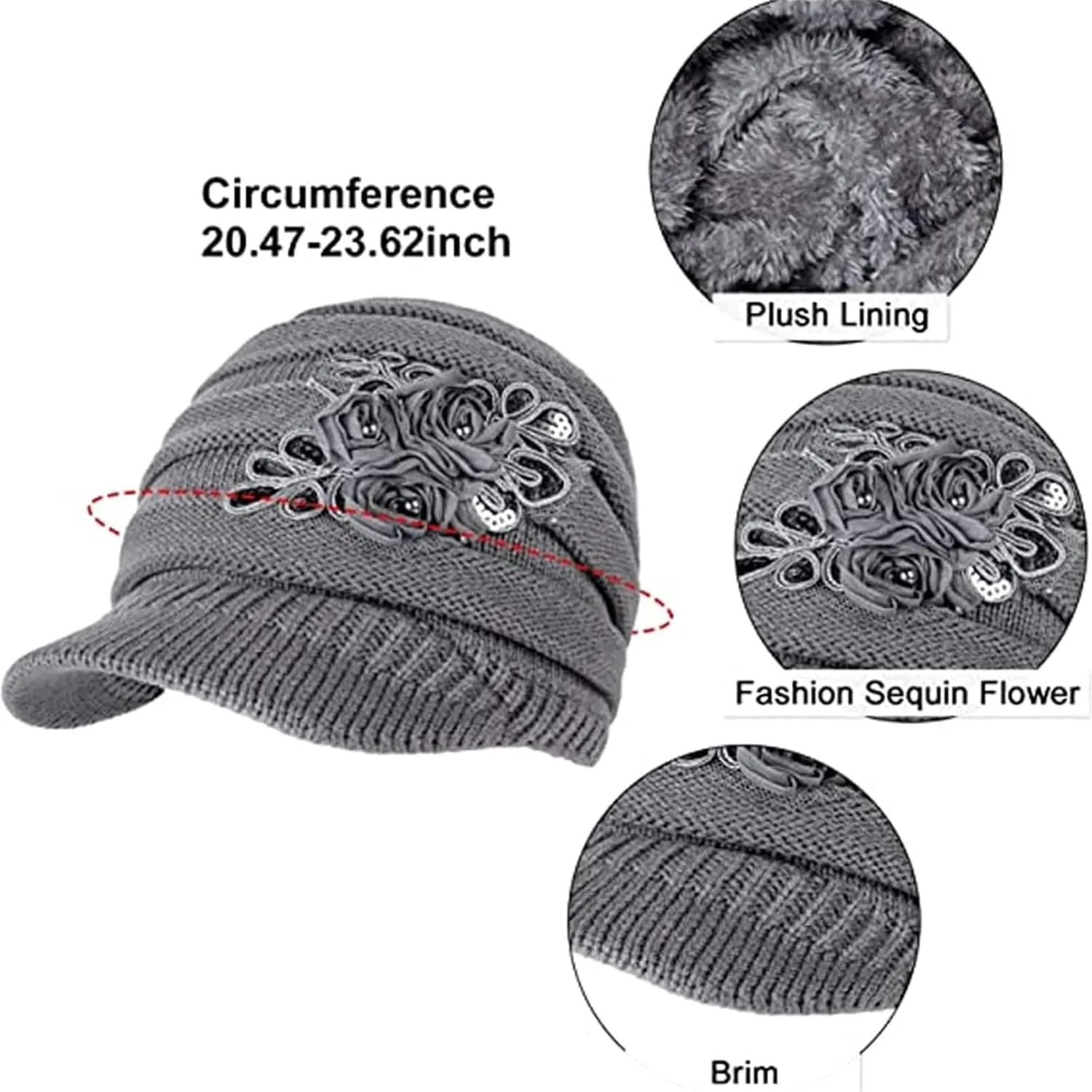 Womens Cable Knit Hats Winter Warm Knitted Slouchy Brim Beanie Cap with Sequined Flower Crochet Soft Newsboy Caps