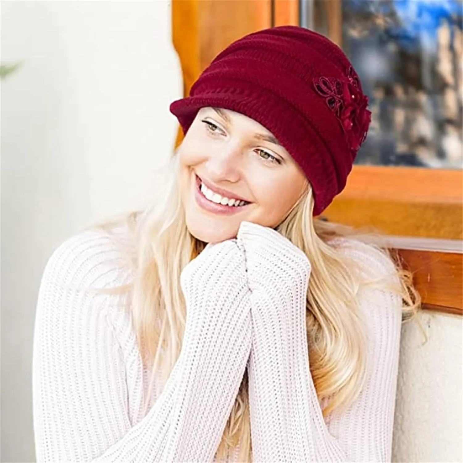 Womens Cable Knit Hats Winter Warm Knitted Slouchy Brim Beanie Cap with Sequined Flower Crochet Soft Newsboy Caps