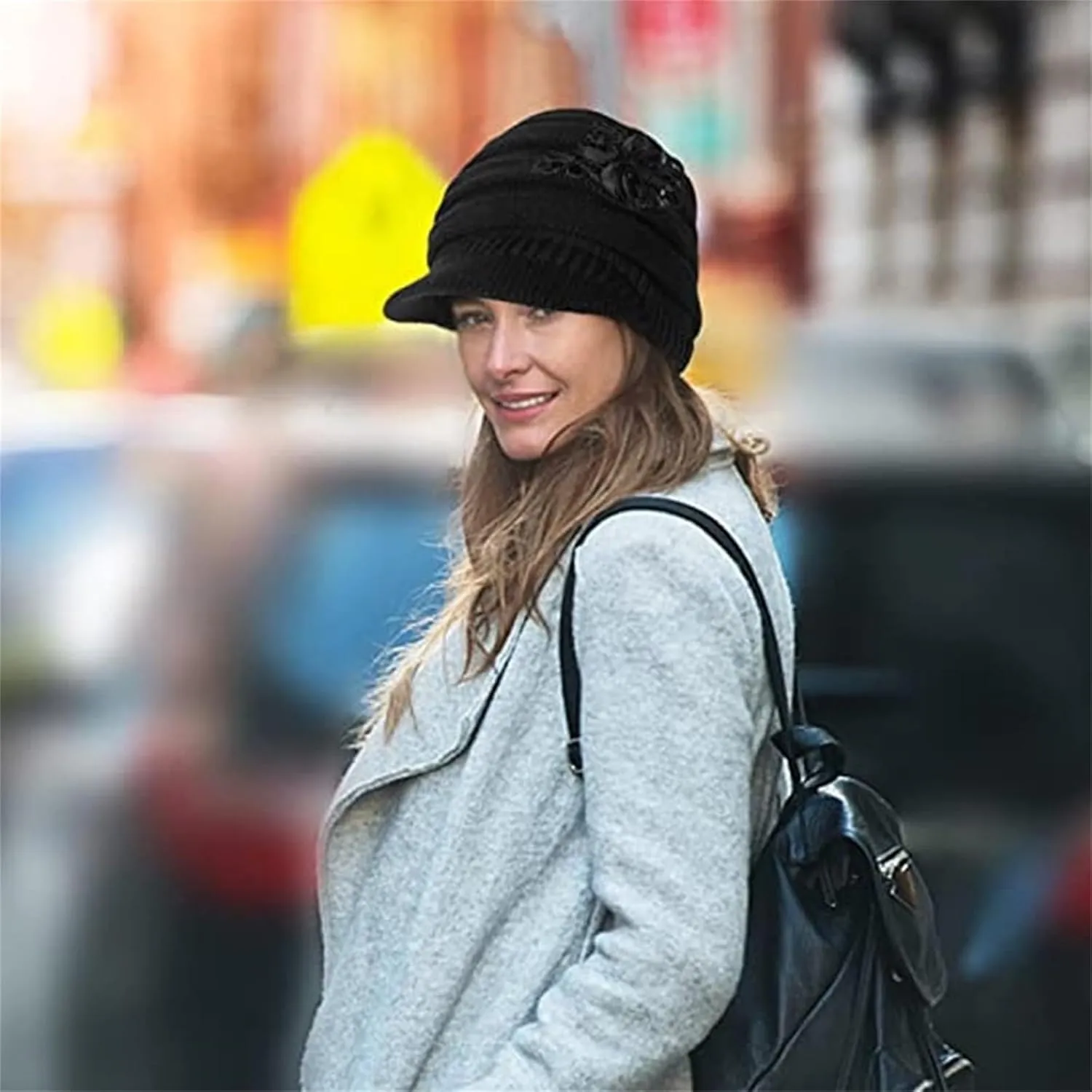 Womens Cable Knit Hats Winter Warm Knitted Slouchy Brim Beanie Cap with Sequined Flower Crochet Soft Newsboy Caps