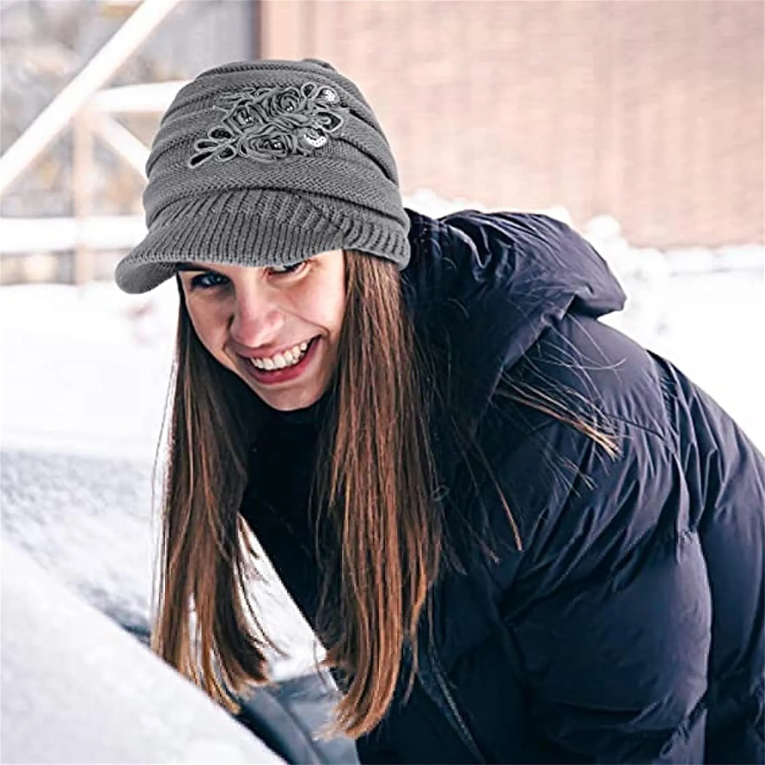 Womens Cable Knit Hats Winter Warm Knitted Slouchy Brim Beanie Cap with Sequined Flower Crochet Soft Newsboy Caps