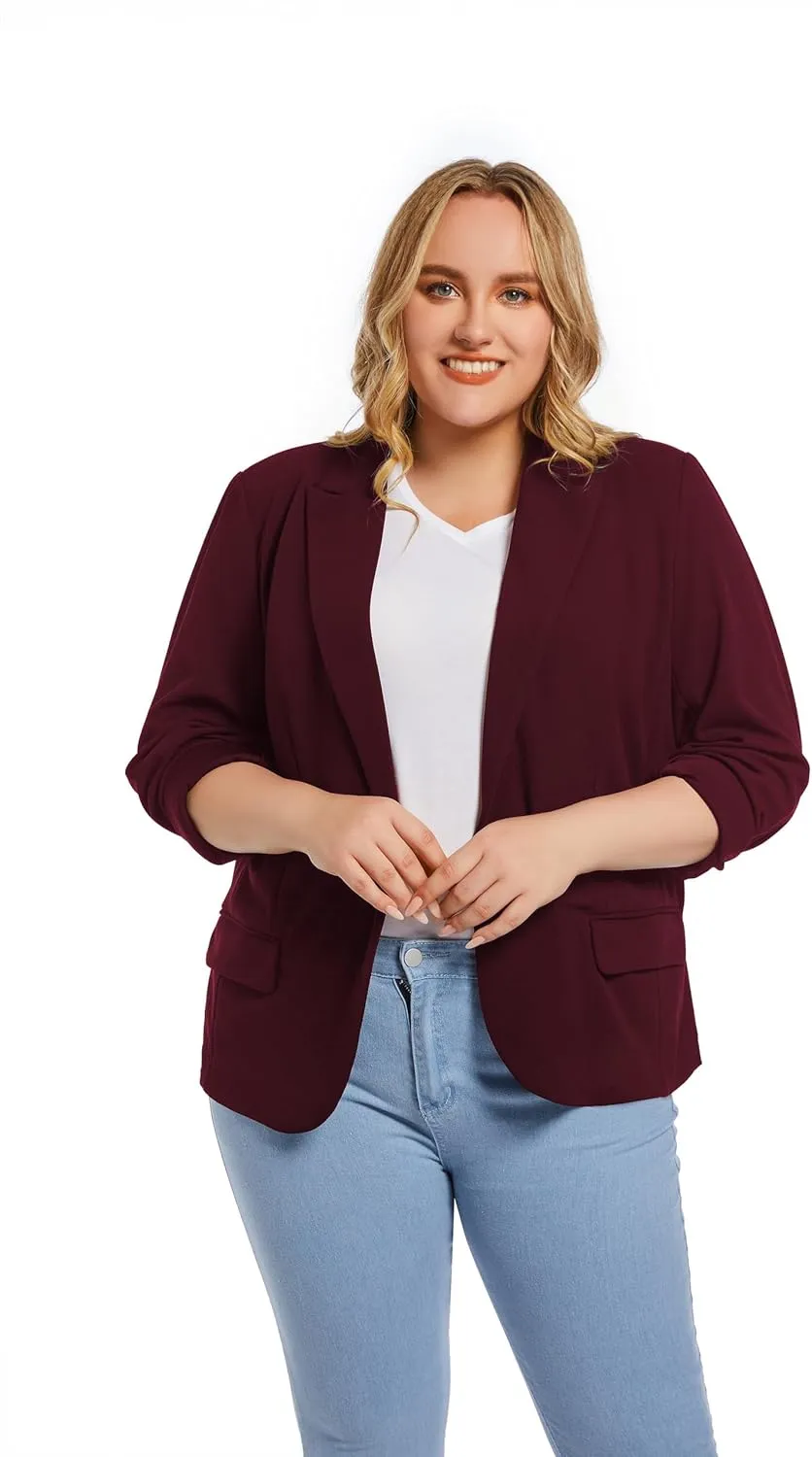 Womens Casual Blazers Plus Size Open Front Long Sleeve Work Office Jackets with Pockets