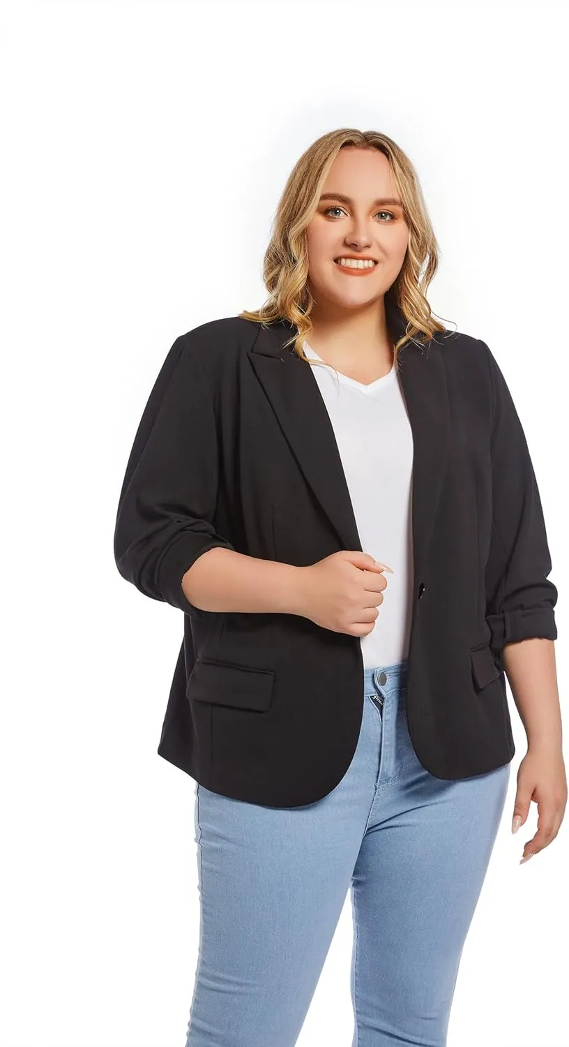 Womens Casual Blazers Plus Size Open Front Long Sleeve Work Office Jackets with Pockets