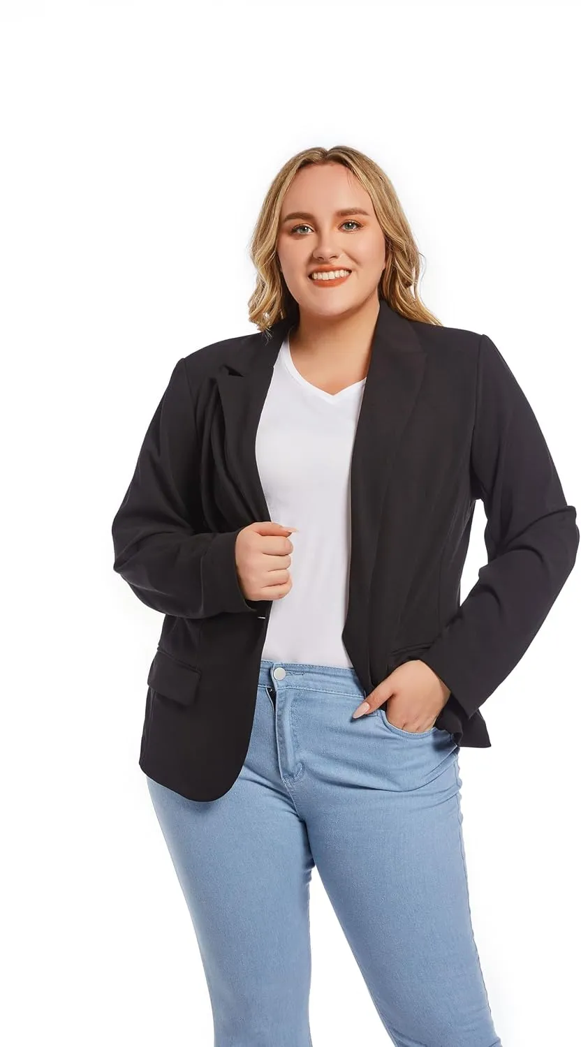 Womens Casual Blazers Plus Size Open Front Long Sleeve Work Office Jackets with Pockets