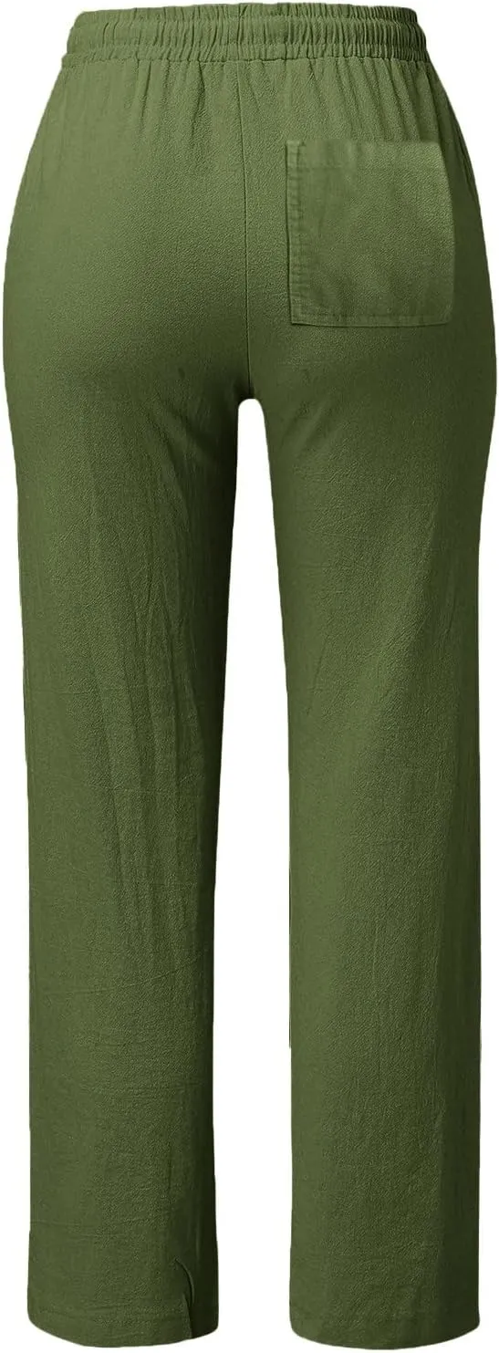 Womens Casual Cotton Linen Pants Drawstring Loose Summer Trousers Straight Leg Comfy Lounge Long Trousers with Pocket