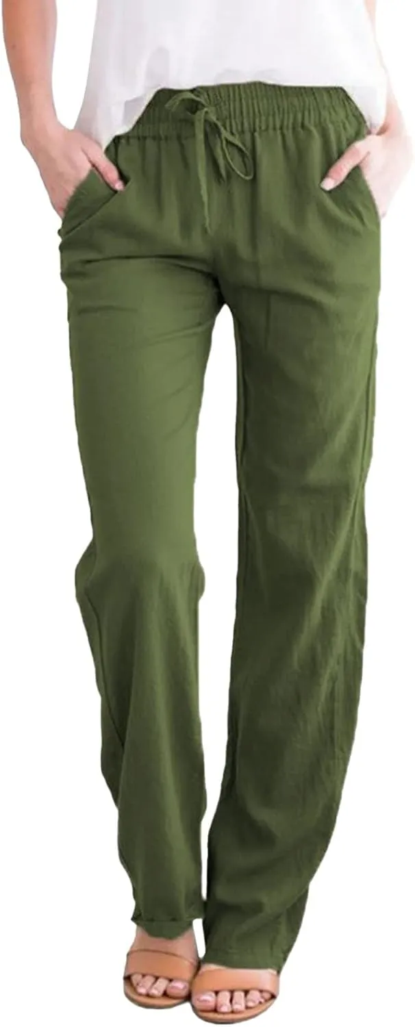 Womens Casual Cotton Linen Pants Drawstring Loose Summer Trousers Straight Leg Comfy Lounge Long Trousers with Pocket